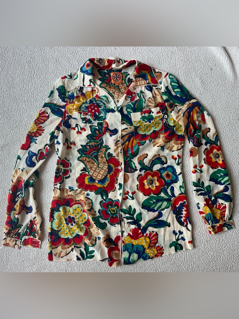 Tory Burch Silk Floral & Cream Button Down Blouse Womens 0